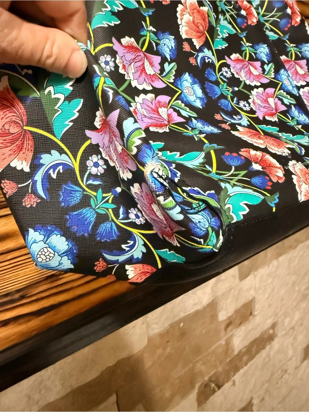 Floral Pattern Black Tote Bag with Blue Accents